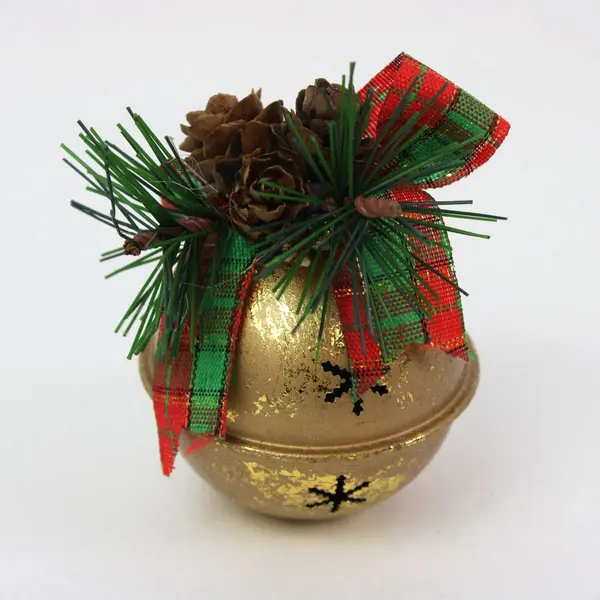 Single Gold Christmas Ball Ornament with Pine Cone Ribbon Accents