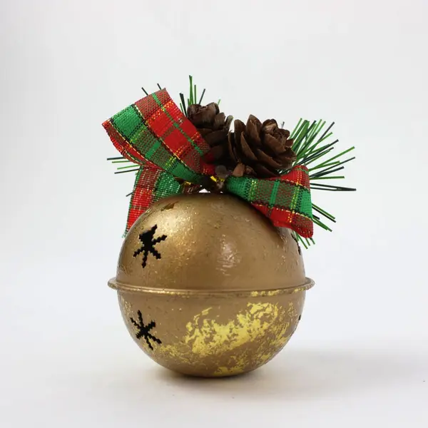 Single Gold Christmas Ball Ornament with Pine Cone Ribbon Accents