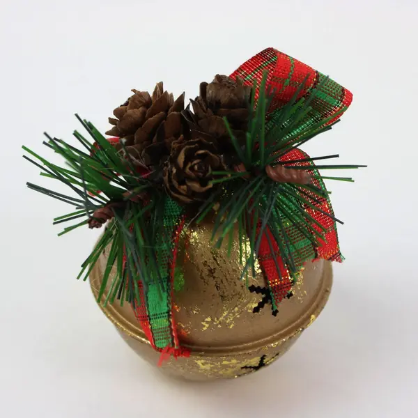 Single Gold Christmas Ball Ornament with Pine Cone Ribbon Accents