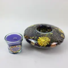 Floral Glass Candle Holder Dish & Clos d'Aguzon Purple Candle Set 2pc