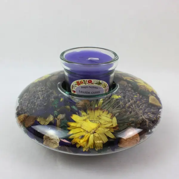 Floral Glass Candle Holder Dish & Clos d'Aguzon Purple Candle Set 2pc