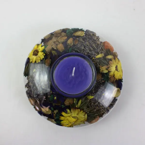 Floral Glass Candle Holder Dish & Clos d'Aguzon Purple Candle Set 2pc