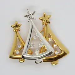 Christmas Tree Brooch Pin Rhinestone Trio Gold Silver Star