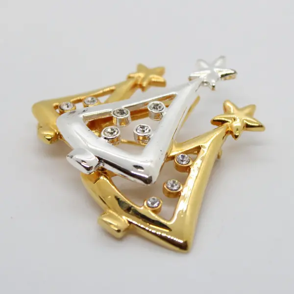 Christmas Tree Brooch Pin Rhinestone Trio Gold Silver Star