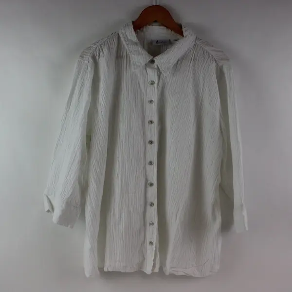 D&Co Women's White Textured 3/4 Sleeve Button-Down Shirt Size 2X