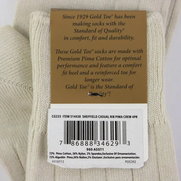 Gold Toe Sheffield Men's Crew Socks Beige Comfort Toe Seam 6-12.5