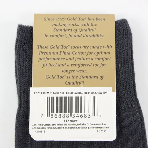 Gold Toe Sheffield Men's 4 Pair Navy Crew Socks 6-12.5 Comfort Toe Seam