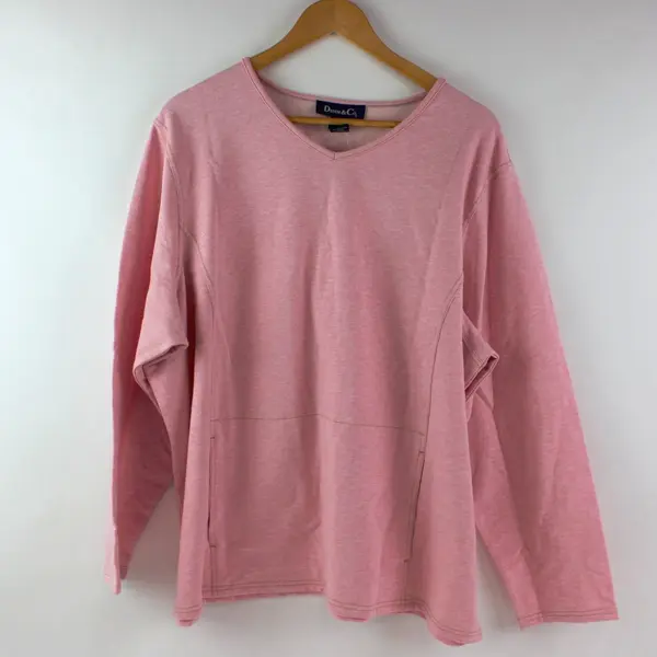 Denim & Co. Women's Pink Space Dye Long Sleeve Kangaroo Pocket Sweater 2X