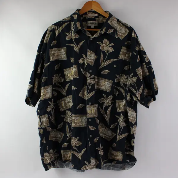 Campia Moda Men's Hawaiian Button Down Shirt Blue Beige Floral 2XLT