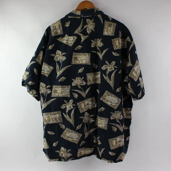 Campia Moda Men's Hawaiian Button Down Shirt Blue Beige Floral 2XLT