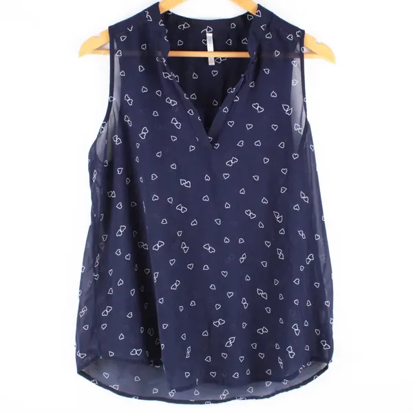 DNA Couture Women's Large Navy Sheer Sleeveless Heart Print Blouse