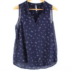 DNA Couture Women's Large Navy Sheer Sleeveless Heart Print Blouse