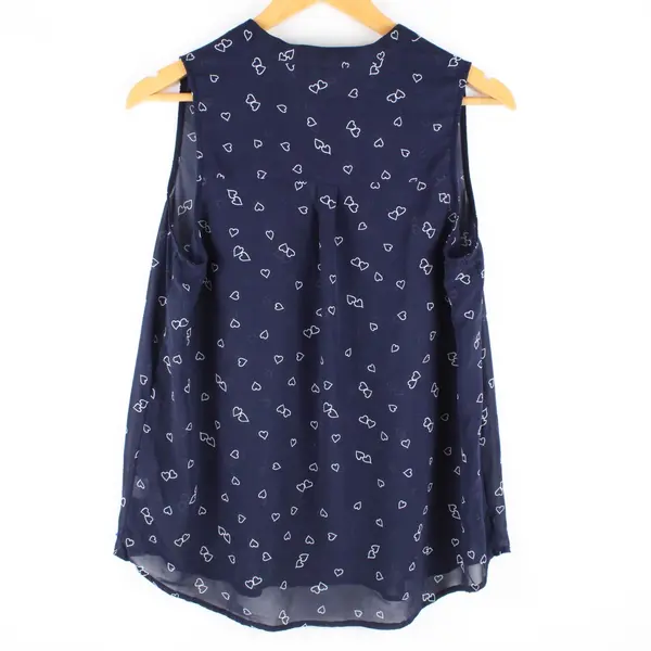 DNA Couture Women's Large Navy Sheer Sleeveless Heart Print Blouse