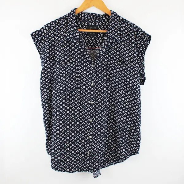 Jachs Girlfriend Women's XL Navy Blue Diamond Print Blouse