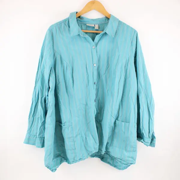 LOGO by Lori Goldstein Women's 1X Turquoise Gray Striped Button-Up Shirt
