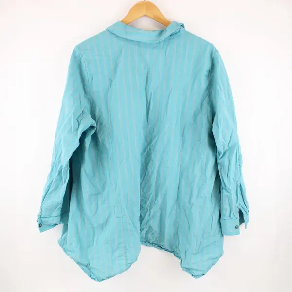 LOGO by Lori Goldstein Women's 1X Turquoise Gray Striped Button-Up Shirt