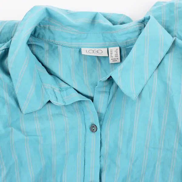 LOGO by Lori Goldstein Women's 1X Turquoise Gray Striped Button-Up Shirt