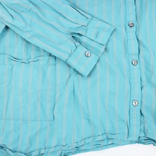 LOGO by Lori Goldstein Women's 1X Turquoise Gray Striped Button-Up Shirt