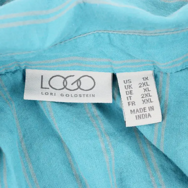LOGO by Lori Goldstein Women's 1X Turquoise Gray Striped Button-Up Shirt