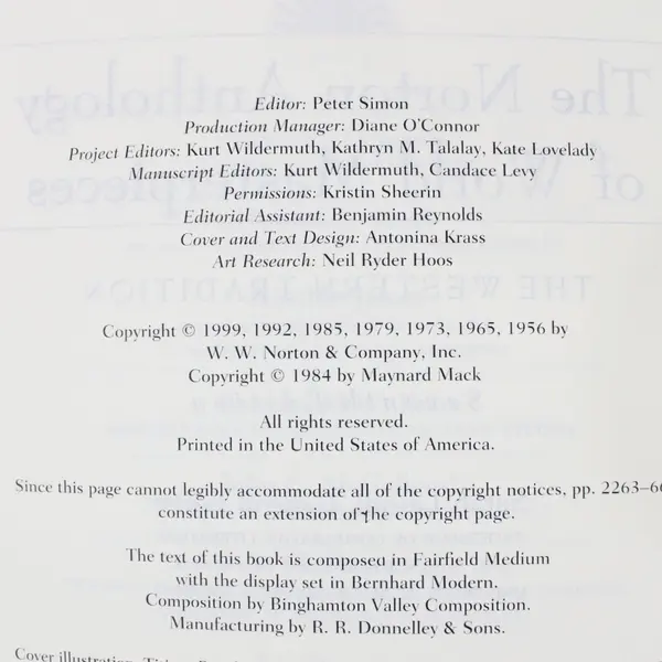 Norton Anthology of World Masterpieces 7th Ed Vol 1 1999 Sarah N Lawall FLAWED