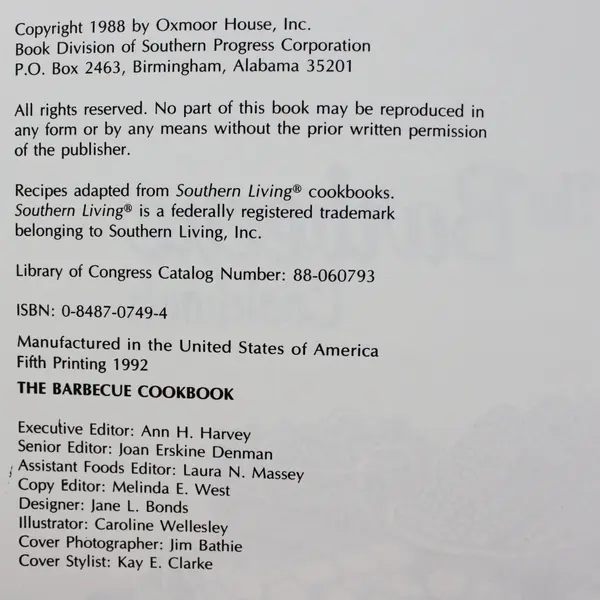 The Barbecue Cookbook Oxmoor House 1992 Paperback Cookbook