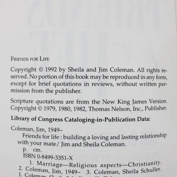 Friends for Life Jim & Sheila Coleman Relationship Guide Paperback 1992