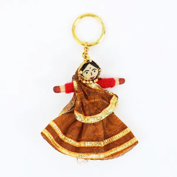 Rajasthani Woman Folk Puppet Doll Keychain, 4" Tall Collectible 