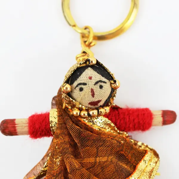 Rajasthani Woman Folk Puppet Doll Keychain, 4" Tall Collectible 