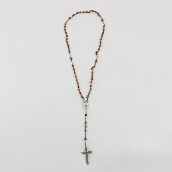 Italian Cocoa Bead Crucifix Necklace with Saint Medal 16 Inch