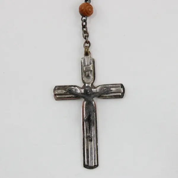 Italian Cocoa Bead Crucifix Necklace with Saint Medal 16 Inch