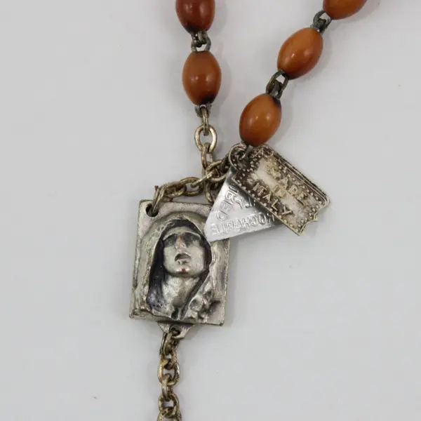 Italian Cocoa Bead Crucifix Necklace with Saint Medal 16 Inch