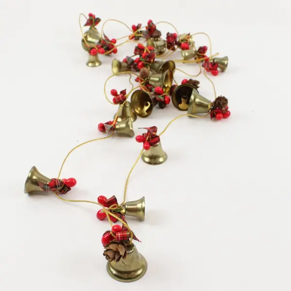 Christmas Bell Garland Brass-Tone Red Berries Pinecones Plaid Bows 6ft