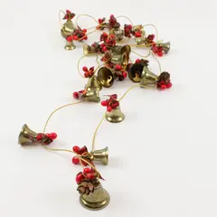 Christmas Bell Garland Brass-Tone Red Berries Pinecones Plaid Bows 6ft
