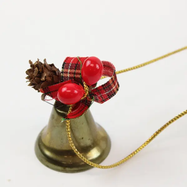 Christmas Bell Garland Brass-Tone Red Berries Pinecones Plaid Bows 6ft