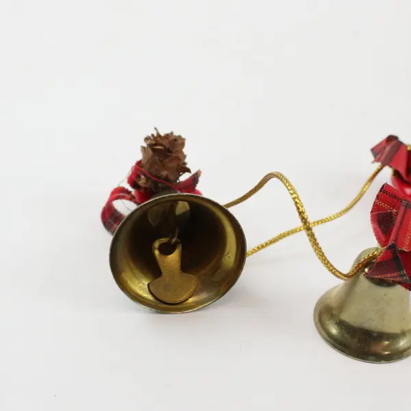 Christmas Bell Garland Brass-Tone Red Berries Pinecones Plaid Bows 6ft