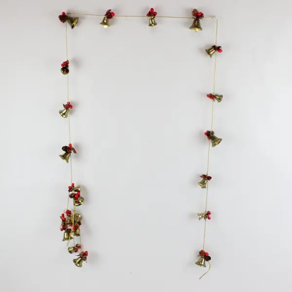 Christmas Bell Garland Brass-Tone Red Berries Pinecones Plaid Bows 6ft