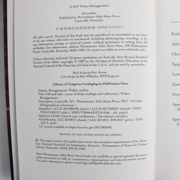 Walter Brueggemann Gift & Task Hardcover A Year of Daily Readings & Reflections