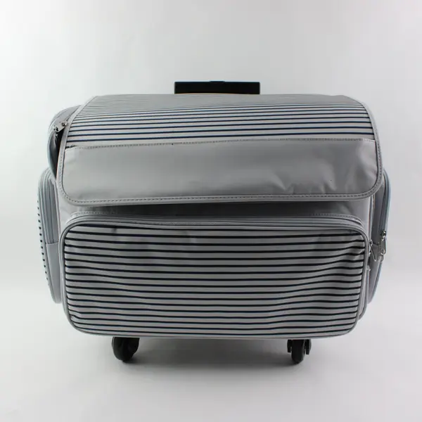 Grey Blue Striped Rolling Cooler Bag Wheeled Food Beverage Carrier