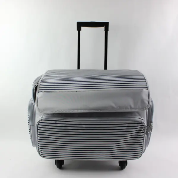 Grey Blue Striped Rolling Cooler Bag Wheeled Food Beverage Carrier