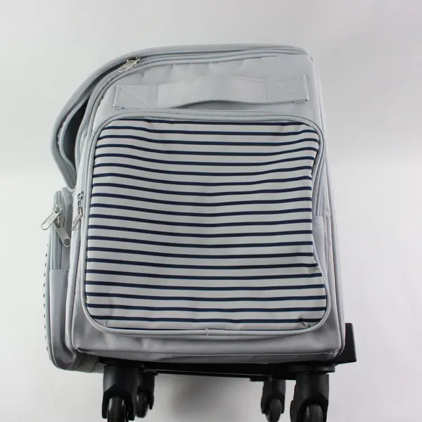 Grey Blue Striped Rolling Cooler Bag Wheeled Food Beverage Carrier
