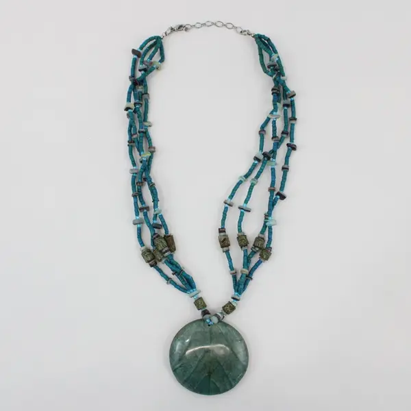 Teal Multi-Strand Beaded Statement Pendant Necklace 22" Boho
