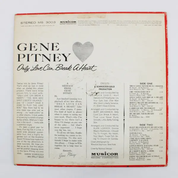 Gene Pitney Only Love Can Break Your Heart Musicor 12" Vinyl Record