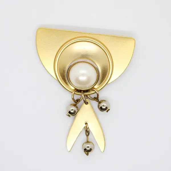 Gold Tone Faux Pearl Brooch Pin Statement Jewelry Dangling Accents