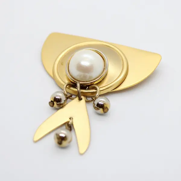 Gold Tone Faux Pearl Brooch Pin Statement Jewelry Dangling Accents