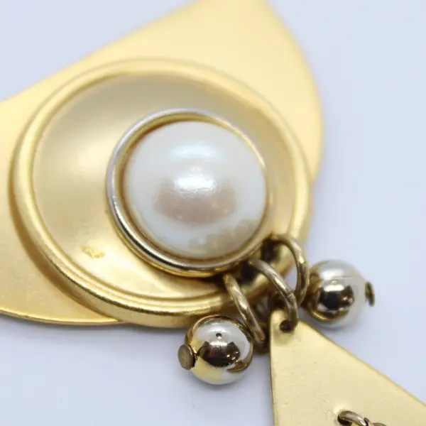 Gold Tone Faux Pearl Brooch Pin Statement Jewelry Dangling Accents
