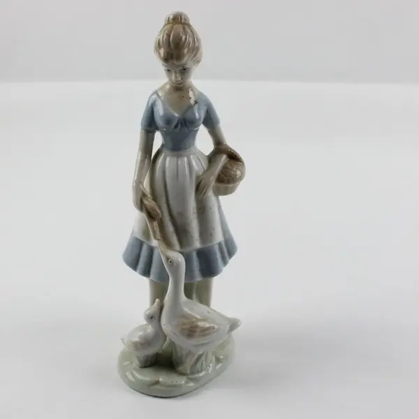Porcelain Girl with Basket and Ducks Blue Dress Figurine Decorative Statue