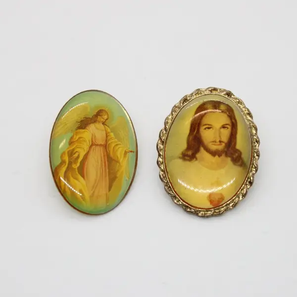 Lot of 2 Vintage Sacred Heart of Jesus Angel Religious Lapel Pins