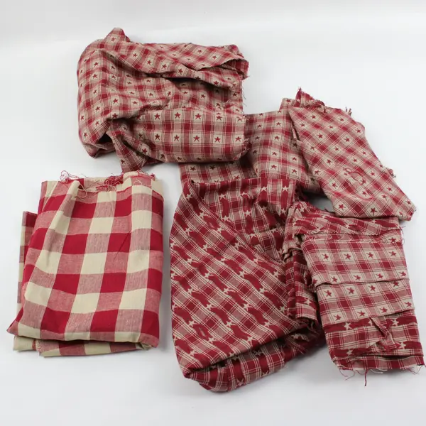 Lot of 7 Red White Plaid Woven Tablecloth Pieces Worn Frayed Craft