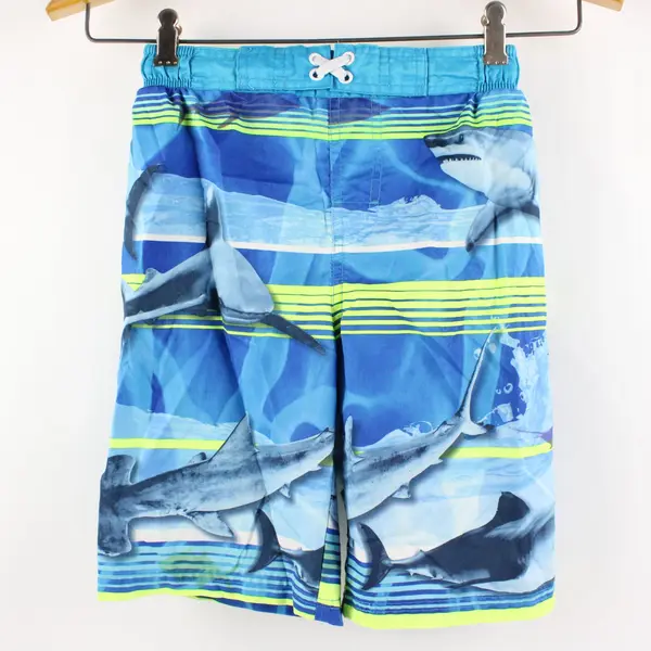Ocean Pacific OP Boys Swim Trunks Blue Green Shark Print Lined Cargo M 8
