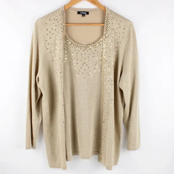Elementz Women's Gold Sequin Knit Top Plus Size 1X Long Sleeve